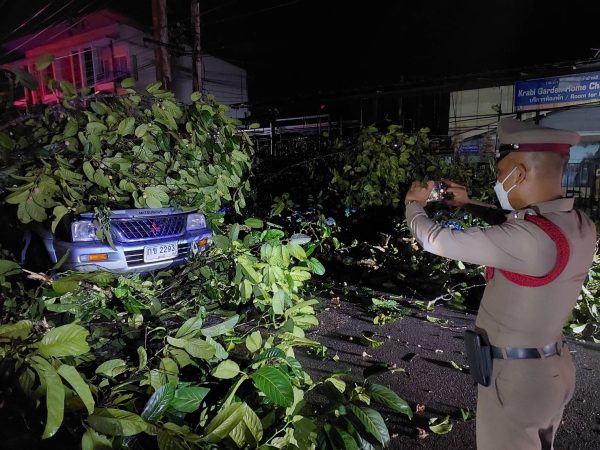 กระบี่- เกิดพายุฤดูร้อนพัดถล่ม ต้นไม้เสาไฟฟ้าล้มทับรถยนต์ 2 คัน ขวางถนนสาย กระบี่- อ่าวนาง รถทุกชนิดไม่สามารถผ่านได้