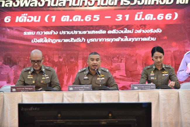 “สำนักงานตำรวจแห่งชาติ แถลงผลงานรอบ 6 เดือน”“ระดม กวาดล้าง ปราบปรามยาเสพติด คดีออนไลน์ บังคับใช้กฎหมายอย่างจริงจัง บูรณาการทุกด้านในทุกภาคส่วน”