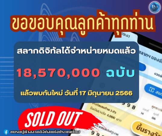 จำหน่ายหมดแล้ว!! สลากดิจิทัล งวด 16 มิถุนายน 2566