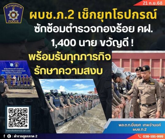 ผบช.ภ.2 เช็กยุทโธปกรณ์ ซักซ้อมตำรวจกองร้อย คฝ. 1,400 นาย ขวัญดี! พร้อมรับทุกภารกิจรักษาความสงบ