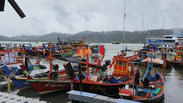 พังงา-เรือประมงบ้านทับละมุกว่า 100 ลำจอดหลบคลื่นลมแรง หลังฝนตกหนัก คลื่นในทะเลมีกำลังแรงสูงกว่า 2 เมตร เรือประมงพื้นบ้านงดออกทะเลหวั่นเกิดอันตราย