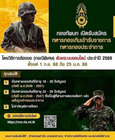 “การรับสมัครทหารกองเกินเข้ารับราชการทหารกองประจำการ โดยวิธีร้องขอ (กรณีพิเศษ) ด้วยระบบออนไลน์ ประจำปี 2569”