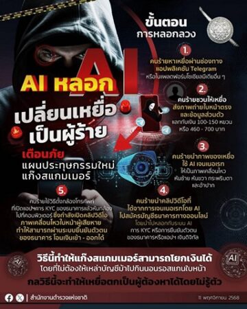 สำนักงานตำรวจแห่งชาติเตือนภัย แผนประทุษกรรมใหม่แก๊งสแกมเมอร์ AI หลอก AI เปลี่ยนเหยื่อเป็นผู้ร้าย