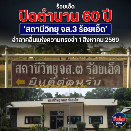 ร้อยเอ็ด – จส.3 ร้อยเอ็ด ปิดตำนาน 60 ปี “สถานีวิทยุ จส.3 ร้อยเอ็ด” อำลาคลื่นแห่งความทรงจำ 1 สิงหาคม 2569 หลังอยู่เคียงข้างชาวร้อยเอ็ดกว่า 6 ทศวรรษ