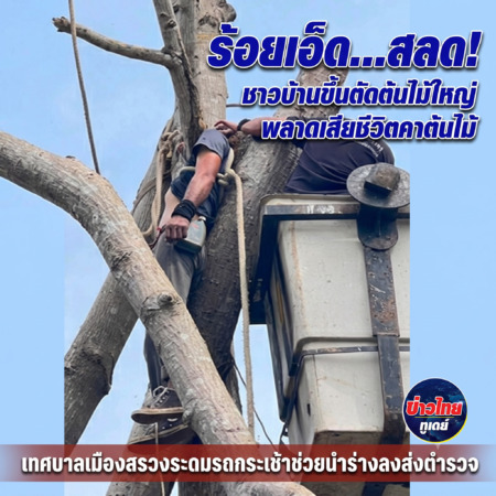 ร้อยเอ็ด…สลด! ชาวบ้านขึ้นตัดต้นไม้ใหญ่ พลาดเสียชีวิตคาต้นไม้ เทศบาลเมืองสรวงระดมรถกระเช้าช่วยนำร่างลงส่งตำรวจ
