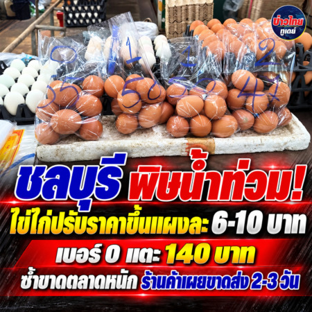 ชลบุรี-พิษน้ำท่วม! ไข่ไก่ปรับราคาขึ้นแผงละ 6-10 บาท เบอร์ 0 แตะ 140 บาท ซ้ำขาดตลาดหนัก ร้านค้าเผยขาดส่ง 2-3 วัน